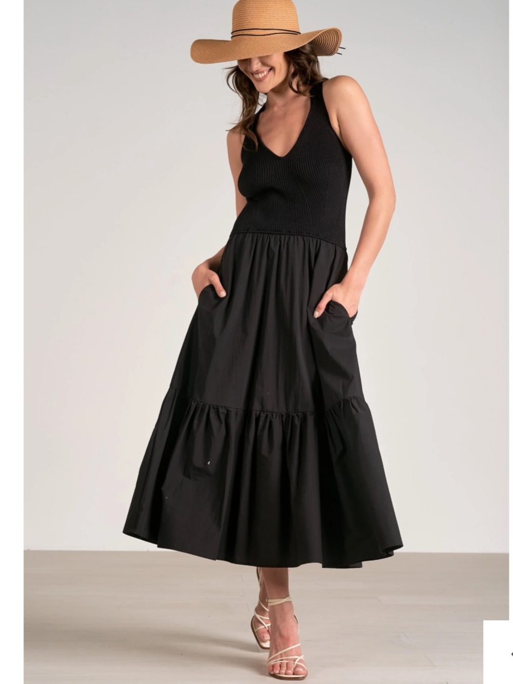 Elan Black Goth Ribbed Bodice Tiered Cotton Maxi Mixed Media Dress